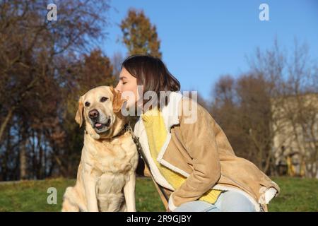 Wunderschöne junge Frau, die den süßen Labrador Retriever an einem sonnigen Tag im Freien küsst Stockfoto