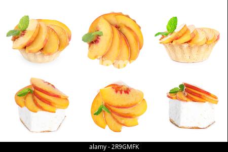 Köstliche Desserts mit pfirsichfarbenen Scheiben auf weißem Hintergrund, verschiedene Seiten. Collage-Design Stockfoto