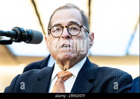 New York, Usa. 26. Juni 2023. USA Repräsentant Jerrold Nadler (D-NY), der auf einer Pressekonferenz in der Penn Station in New York City sprach, um einen neuen Plan zur Renovierung der Penn Station vorzustellen. Kredit: SOPA Images Limited/Alamy Live News Stockfoto