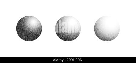 Strukturierte Verlaufskugeln eingestellt. Kollektion mit schwarz gepunkteten Kreisen. Set mit runden Elementen. Verblassende Rauschen, Körnung, Arbeitsformen. Bilderpaket mit Effekt „Halbtöne und Schatten verschwinden“. Vektor Stock Vektor