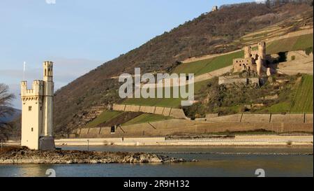 Mauseturm, Mauseturm, auf einer kleinen Insel im Rhein, mit Schloss Ehrenfels im Hintergrund auf der anderen Flussseite, nahe Bingen, Deutschland Stockfoto