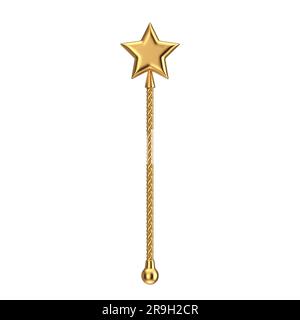 Goldener Zauberstab mit Stern oben auf weißem Hintergrund. 3D-Rendering Stockfoto