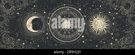 Modernes astrologisches Banner, Tarotkarte, klassisches Zodiac-Rad mit 12 Zeichen und Sternbildern, Sonne und Mond mit Gesicht, Wolken und Sternen Stock Vektor