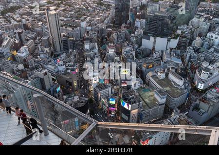 Tokio, Japan - Mai 04 2023: Die Menschen genießen den Blick über die berühmte Kreuzung Shibuya vom Shibuya Sky Observationsschalter in der japanischen Hauptstadt. Stockfoto