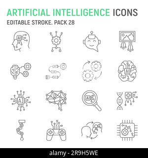 Künstliche Intelligenz Linien Symbolsatz, Technologie Sammlung, KI-Vektorgrafiken, Logo Illustrationen, Lösen von Vektorsymbolen, Künstliche Intelligenz-Konzeptschilder, Piktogramme, bearbeitbare Striche Stock Vektor
