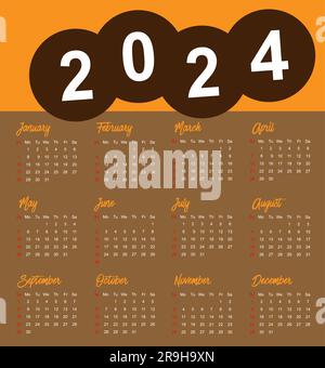 Kalender 2024 Vorlagenvektor, einfaches minimales Design, internationaler Planer 2024 Jahr, Wand 2024 Jahr, Woche beginnt Sonntag, Satz mit 12 Kalender Stock Vektor
