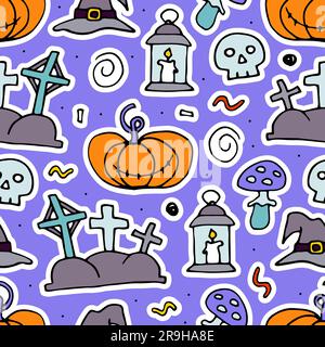 Doodle Halloween Nahtloses Muster. Handgezeichneter HerbstKürbis, Grab, Schädel, Hexenhut auf violettem Hintergrund. Süßer gruseliger Horroraufkleber für Herbstferien Stock Vektor