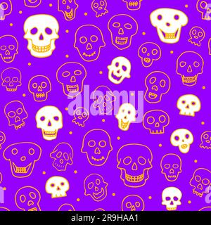 Doodle Halloween zeichnet sich durch ein nahtloses Muster aus. Umrissgerüst auf violettem Hintergrund. Handgezeichneter, gruseliger Schädel. Mystischer Skizzencharakter. Vektor-Illustration Stock Vektor