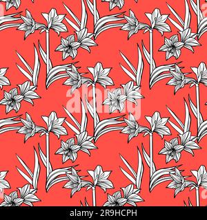 Hippeastrum amaryllis lilly Blütenmuster. Eleganter, zarter Blumenstrauß im Blattwerk. Darstellung des Vektorentwurfs. Stock Vektor