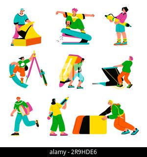 Schüler, die mit Stift und Buch lernen, Lehrbuch Stock Vektor