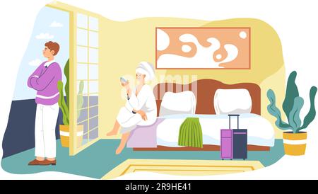 Leute im Hotel, Mann und Frau im Bett Stock Vektor