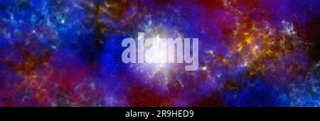 Weltraumhintergrund mit Sternenstaub und strahlenden Sternen. Realistischer Kosmos und Farbnebel. Farbenfrohe Galaxie. 3D Abbildung. Stockfoto