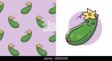 Handgezeichnete Zucchini im Kritzelstil zum Entwerfen von Babykleidung. Postkarte mit Squash und nahtlosem Muster. Cartoon Böhmischer Kinderabdruck. Kinder-Design-Struktur für Pyjamas. Vektordarstellung. Stock Vektor