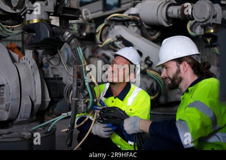 Ingenieur in der Roboterarmfabrik. Technologie- und Engineering-Konzept. Stockfoto