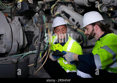 Ingenieur in der Roboterarmfabrik. Technologie- und Engineering-Konzept. Stockfoto