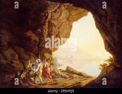 Joseph Wright von Derby, Grotte an der Küste im Königreich Neapel mit Sonnenuntergang in Banditti, Landschaftsmalerei in Öl auf Leinwand, 1778 Stockfoto