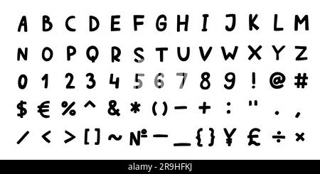 Unregelmäßige Formen Schwarze englische lateinische abc-Schriftart mit Ziffern und Symbolen handgeschrieben Von A bis Z, 0 bis 9 Kollektion. Vektordarstellung in Doodle st Stock Vektor