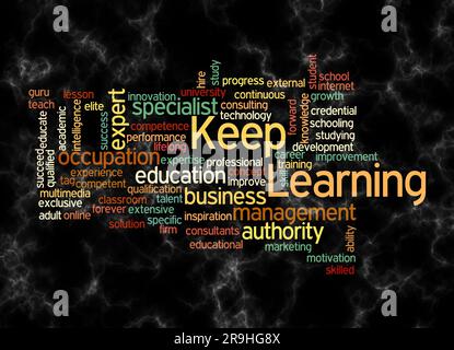 Word Cloud mit KEEP LEARNING-Konzept nur mit Text erstellen. Stockfoto