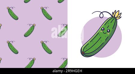 Handgezogene Gurke im Doodle-Stil zum Entwerfen von Babykleidung. Postkarte mit Gurke und nahtlosem Muster. Cartoon Böhmischer Kinderabdruck. Kinder-Design-Struktur für Pyjamas. Vektordarstellung. Stock Vektor