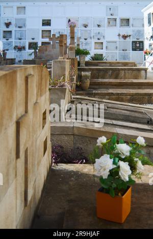 Teneriffa, Spanien - 27. Juni 2023: Gräber auf dem Boden eines leeren Friedhofs voller Menschen. Stockfoto