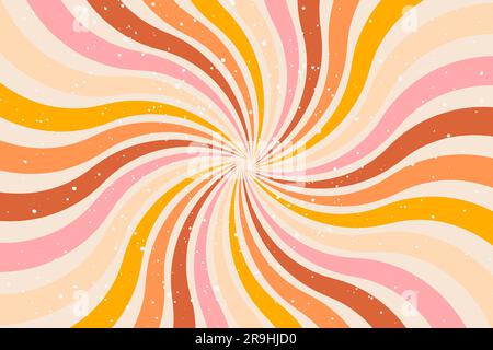 Groovy abstrakter Hintergrund. Farbenfrohe Drehung im Retro-Stil. Vintage-Bannervorlage im Hippie-Stil von 60 bis 70s Jahren. Rot, Orange, Gelb, Beige und Pink Stock Vektor