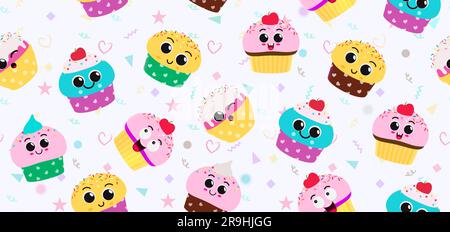 Nahtloses Vektordesign für Cupcakes. Süße Geburtstags-Cupcakes mit kritzelweißem Hintergrund. Vektordarstellung für Geburtstagsverpackung und Tapete. Stock Vektor