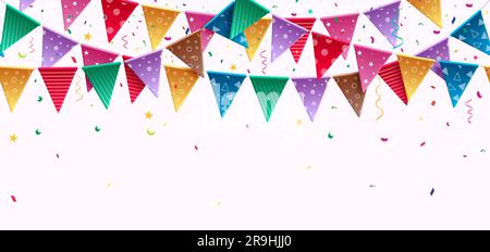 Vektordesign für Geburtstagspennanten. Farbenfroher Wimpel, Streamer und Banner hängen auf leerem Hintergrund. Vektorabbildung für besondere Anlässe Stock Vektor