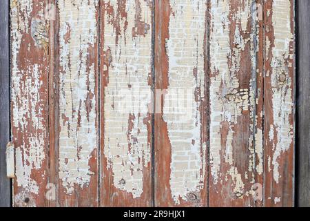 Alte Holzbretter mit abblätterndem weißem Hintergrund. Abstrakter Hintergrund der Tafel. Verwitterte Holzwand mit vertikalen, weiß lackierten Brettern. Stockfoto