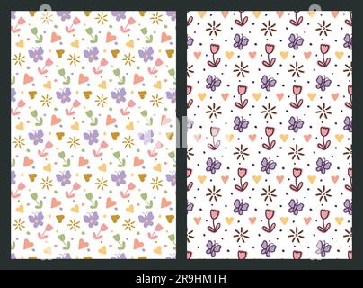Nahtlose Blumenmuster für Kinder, 2 niedliche Layouts, Kiosk-Cartoon-Stil für Babys, handgezeichnete Pinselstriche. Vektordarstellung. Pastellfarben Stock Vektor