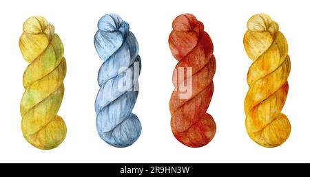 Handgezeichnetes Garn in Aquarellfarben als natürlicher Pflanzenfarbstoff und Materialien für Hobby, handgefertigte Stoffe. Abbildung: Isolierte Zusammensetzung, weißer Hintergrund Stockfoto