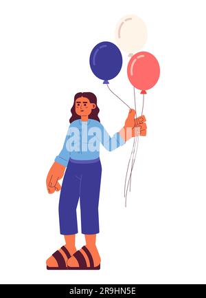 Junge arabische Frau mit rot-weißen und blauen Ballons, halbflacher, farbenfroher Vektorfigur Stock Vektor
