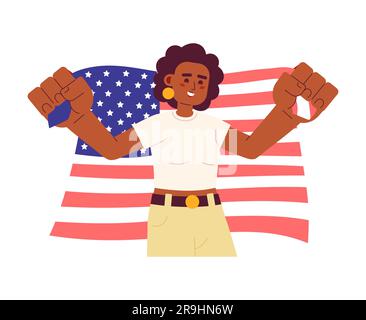 Eine afroamerikanische Frau mit amerikanischer Flagge, halbflach, farbenfroher Vektorfigur Stock Vektor