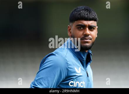 Englands Rehan Ahmed während einer Nets-Sitzung auf Lord's Cricket Ground, London. Foto: Dienstag, 27. Juni 2023. Stockfoto