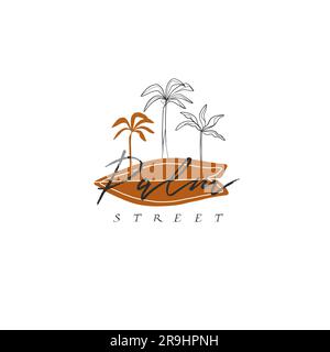 Handgezeichneter Vektor abstrakt einfache minimalistische Strichkunst Grafik Zeichnen tropisches Surfen Icon Zeichenset isoliert. Sommerpalmenstrand modern Stock Vektor
