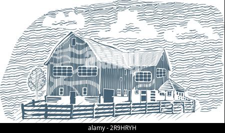 Strukturiertes Bauernhaus und Ranch-Anwesen in Landschaftslandschaft mit Holzschnitt und transparentem Hintergrund Stock Vektor