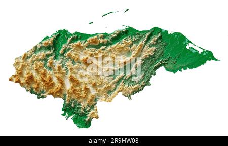 Honduras. Sehr detailliertes 3D-Rendering schattierter Reliefkarten mit Flüssen und Seen. Farbig nach Höhe. Rein weißer Hintergrund. Basis: Satellitendaten. Stockfoto