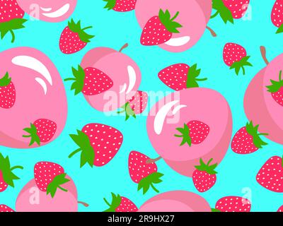 Erdbeeren und Pfirsiche, nahtloses Muster. Sommerbeerenobst Mischung aus Pfirsichen und Erdbeeren im stil der 3D Jahre. Design für Banner, Poster und Werbeaktionen Stock Vektor