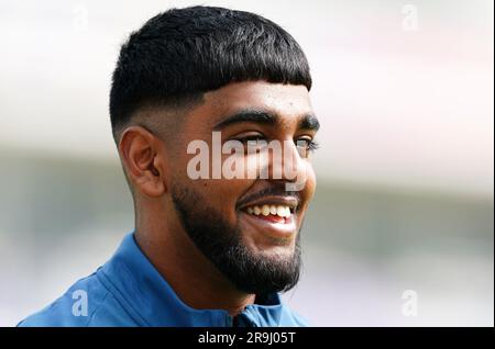 Englands Rehan Ahmed während einer Nets-Sitzung auf Lord's Cricket Ground, London. Foto: Dienstag, 27. Juni 2023. Stockfoto