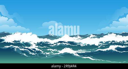 Stürmische Wellen im Ozean Blauer Himmel und weiße Wolken Hintergrund Stock Vektor