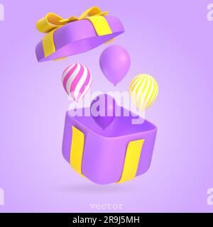 3D lila Geschenkbox mit Luftballons. Öffne die Geschenkbox mit gelbem Band und Schleife. Überraschung, Geburtstagsparty, Hochzeitstag. Vektor-Rendering, Abbildung I Stock Vektor