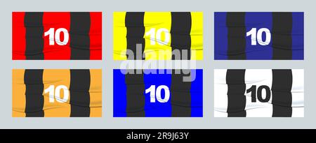 Setze die Nummer des Fußballspielers auf ein Fußballtrikot. 10 Nummerndruck. Sporttrikot. Sport, olympiade, Euro 2024, Gold Cup, Weltmeisterschaft. Stock Vektor