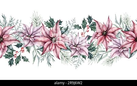 Weihnachtlicher nahtloser Rand aus roter Poinsettienblume, Zweig der smaragdgrünen Fichte, Silberpflanze Dusty Miller, Ilex, Pinienzweig, Eukalyptus, immergrüner Baum, Tanne Stockfoto