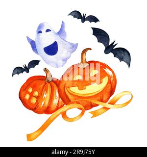Aquarellfarben im halloween-Thema mit Kürbissen, Geistern, Fledermäusen und anderen, handgezeichnete Illustration der oktoberveranstaltung isoliert auf weißem Hintergrund Stockfoto