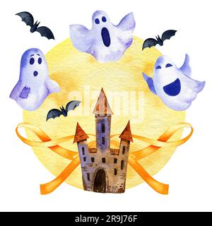 Aquarellfarben im halloween-Thema mit Turm, Mond, Geistern, Fledermäusen und anderen, handgezeichnete Illustration des oktoberereignisses isoliert auf weißem Hintergrund Stockfoto