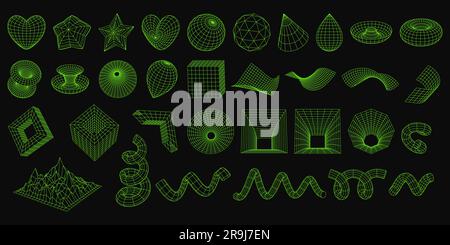 Set von geometrischen 3D-Drahtmodellformen. Abstrakte Figuren, Netzgitter. Würfel, Tropfen, Spirale, Berglandschaft, Stern, Herz, verzerrte Flugzeuge, Trichter. Iso Stock Vektor