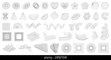 Set von geometrischen 3D-Drahtmodellformen. Drahtrahmen abstrakte Figuren. Torus, Spiralen, Ausrüstung, Herz, Stern. Verzerrte Gitter. Isoliertes Grafikdesign el Stock Vektor