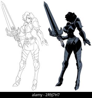 Anime Female Knight Line Art und Silhouette Stock Vektor