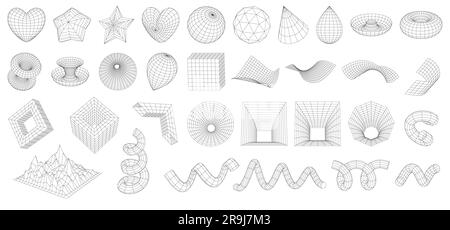 Set abstrakter geometrischer 3D-Drahtmodellformen. Gitter vernetzen. Würfel, Tropfen, Spirale, Berglandschaft, Stern, Herz, verzerrte Flugzeuge, Trichter. Grafische Beschreibung Stock Vektor