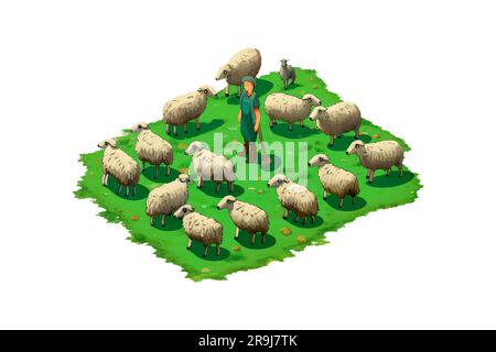 Schafe mit Mann im Cartoon-Stil für Videospiel isoliert auf weißem Hintergrund Stock Vektor