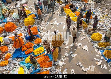 Marigold Garland Traders am Mullick Ghat Flower Market, Kalkutta, Indien Stockfoto